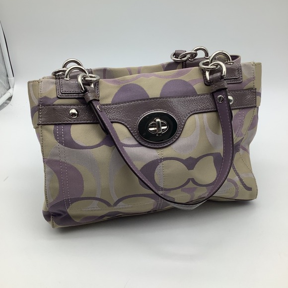 Coach Purple Beige Signature Canvas Turnlock Satchel Handbag Purse K1194-F17140 - Picture 1 of 9